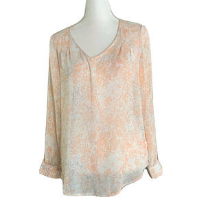 Rose + Olive Long Sleeve Ivory Orange Floral pastel top Semi Sheer Sz S Blouse